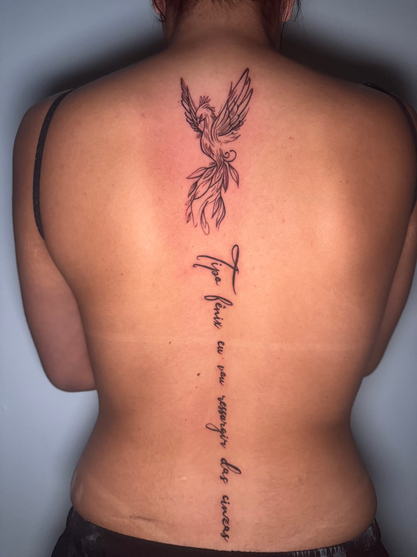Fine-line phoenix tattoo with script running down the spine